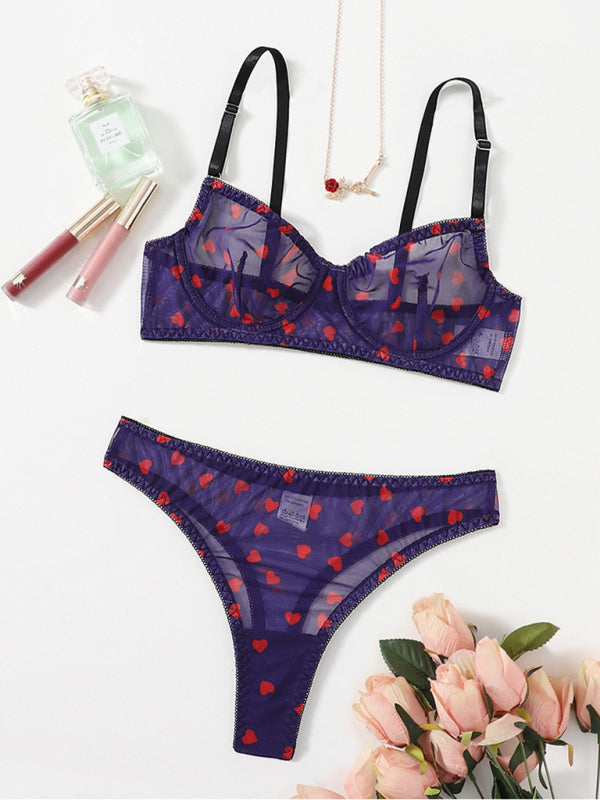 Full Size Mesh Heart Print Bra and Panty Set