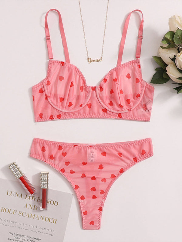Full Size Mesh Heart Print Bra and Panty Set