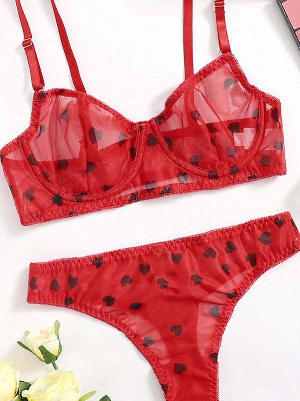 Full Size Mesh Heart Print Bra and Panty Set