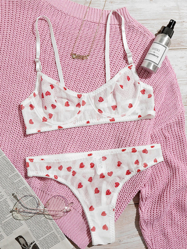 Full Size Mesh Heart Print Bra and Panty Set