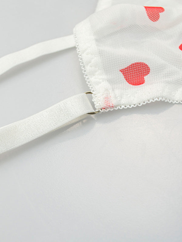 Full Size Mesh Heart Print Bra and Panty Set