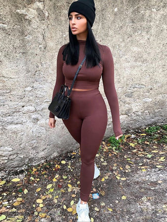 Solid Color Round Neck Casual Two-Piece Set