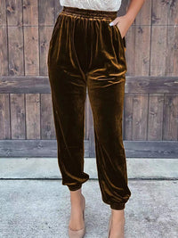 Thumbnail for Women's Solid Color Elastic Waist Velour Pants