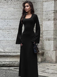 Thumbnail for Solid Color Bell Sleeve Tie Back Maxi Dress