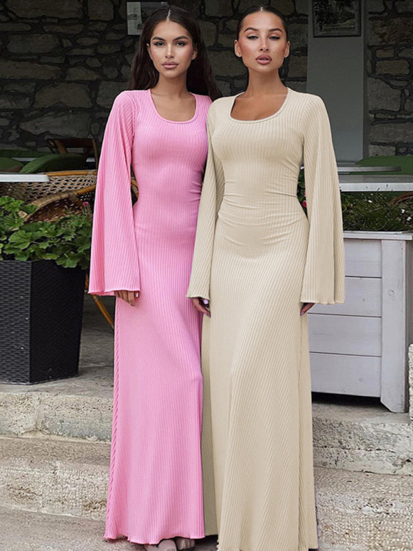 Solid Color Bell Sleeve Tie Back Maxi Dress