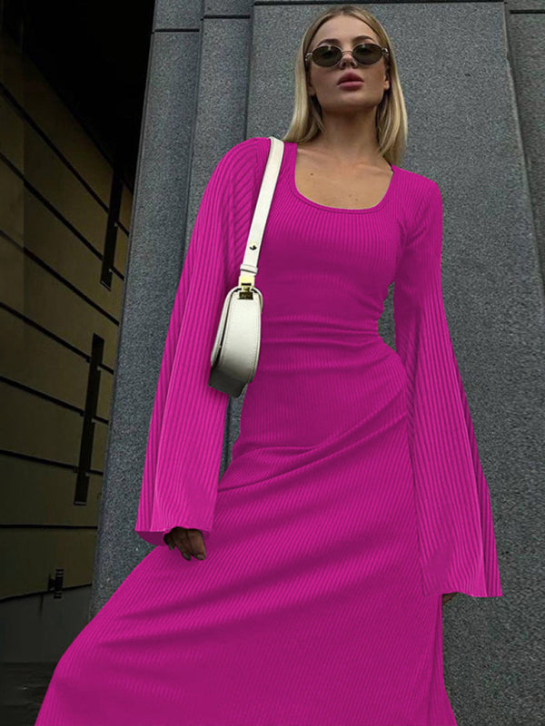Solid Color Bell Sleeve Tie Back Maxi Dress
