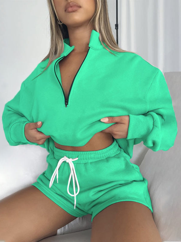 Women's Solid Color Stand Collar Zipper Pullover Shorts Set
