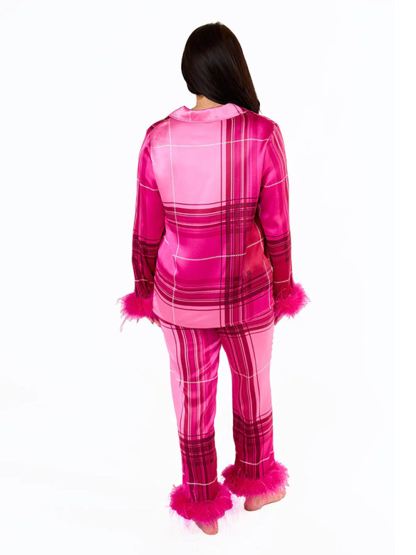 Women's Satin Plaid Print Feather Pajama