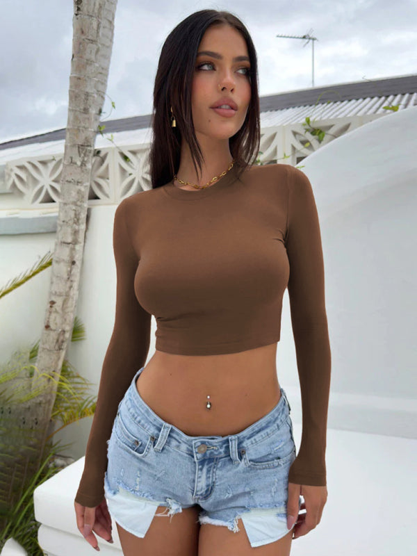 Solid Color Fitted Cropped Long Sleeve Top