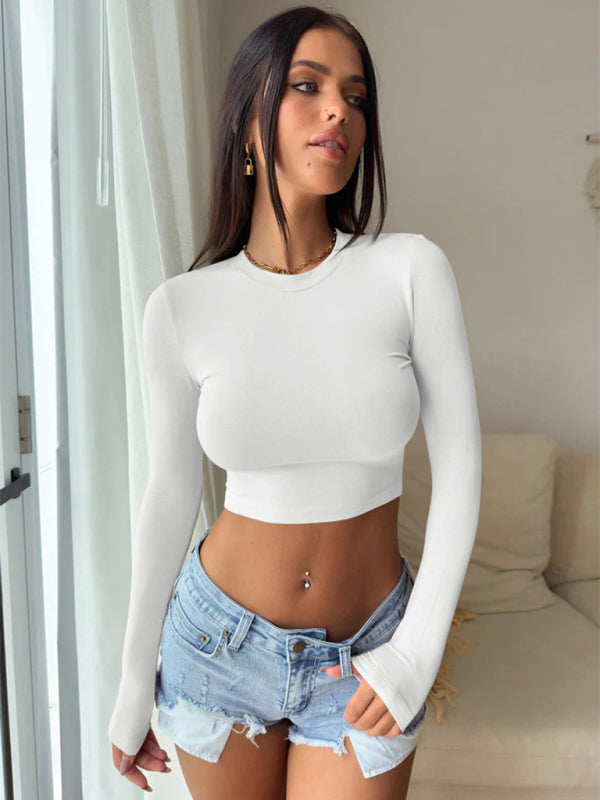 Solid Color Fitted Cropped Long Sleeve Top