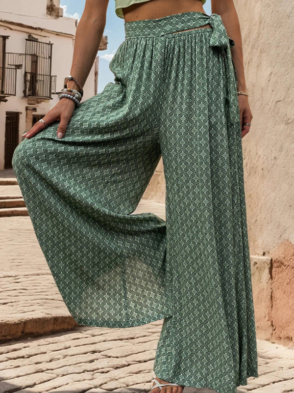 Women's Lace-Up High-Waisted Casual Printed Wide Leg Pants