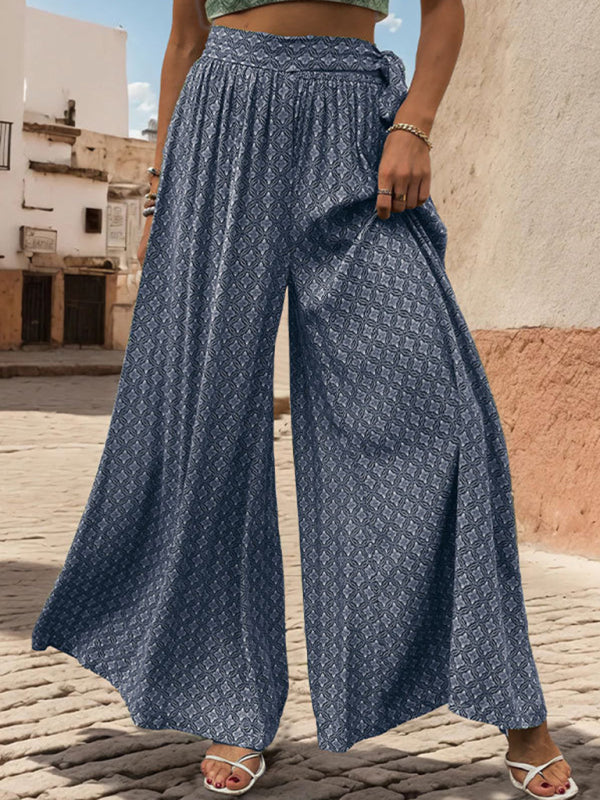 Women's Lace-Up High-Waisted Casual Printed Wide Leg Pants
