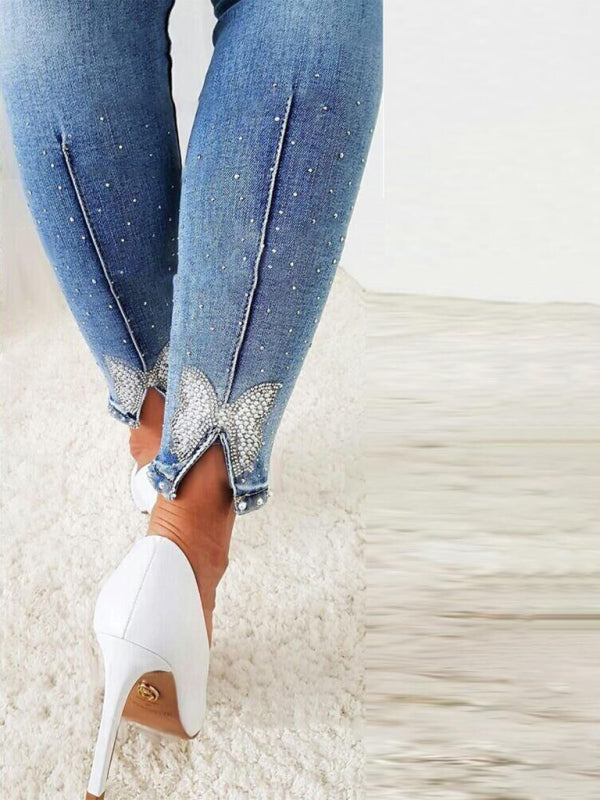 Women's Light Wash Beaded Denim Skinny Jeans