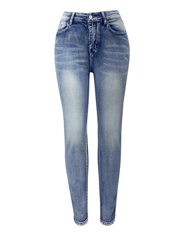 Women's Light Wash Beaded Denim Skinny Jeans