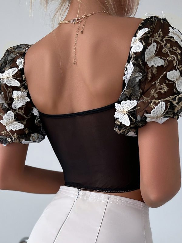 Women's puff sleeve floral cropped top