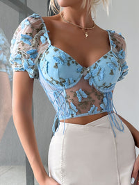 Thumbnail for Women's puff sleeve floral cropped top