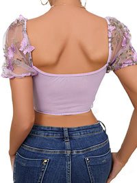 Thumbnail for Women's puff sleeve floral cropped top