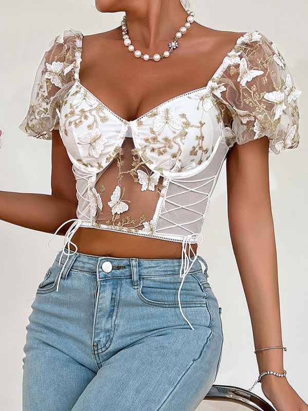 Women's puff sleeve floral cropped top