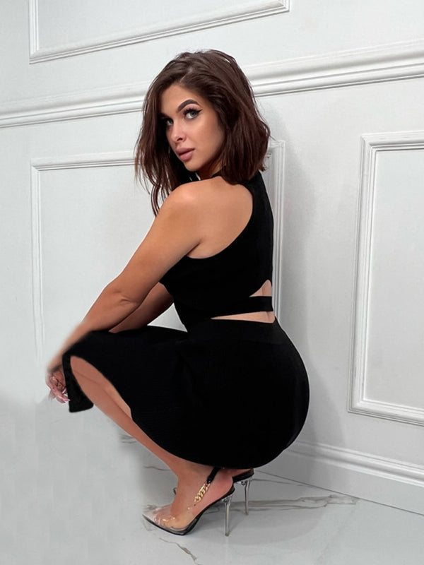 Women's Full Size Solid Color Crop Top Slim Fit Slit Skirt Set