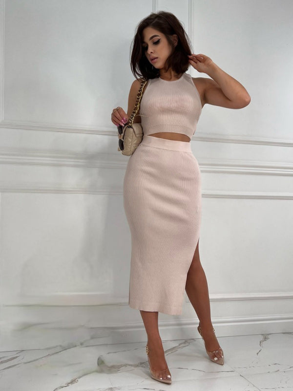 Women's Full Size Solid Color Crop Top Slim Fit Slit Skirt Set