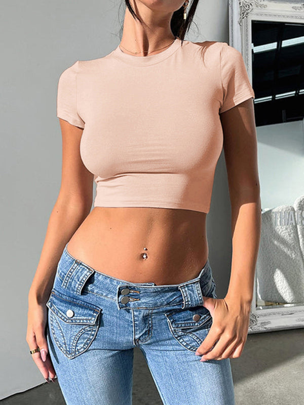 Women's solid color slim fit cropped short-sleeved top