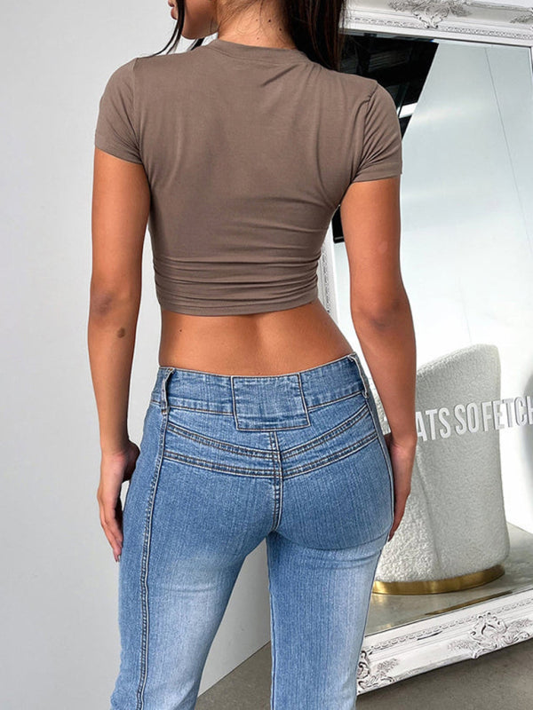 Women's solid color slim fit cropped short-sleeved top