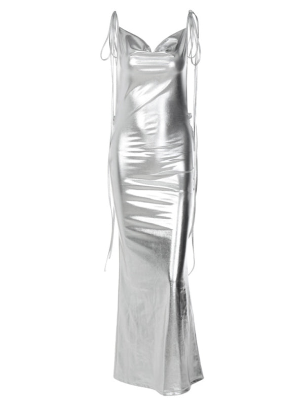 Women's Metalic Fishtail Open Back Dress