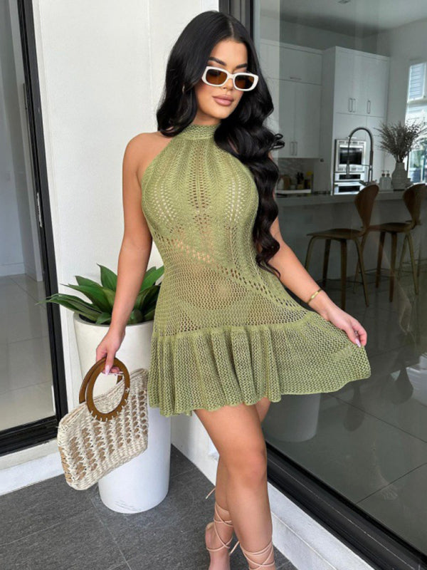 Women's Solid Color Halter Backless Knitted Dress