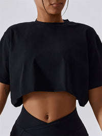Thumbnail for Women's Knitted Round Neck Cropped Active Loose T-Shirt