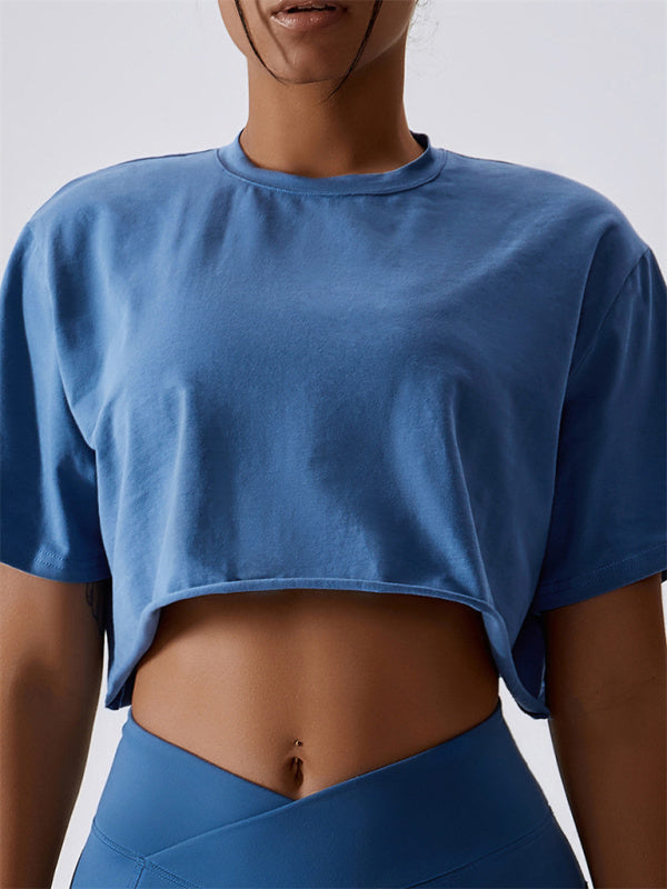 Women's Knitted Round Neck Cropped Active Loose T-Shirt