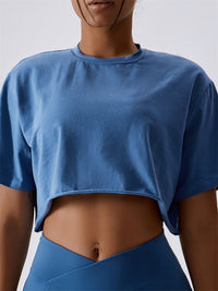 Thumbnail for Women's Knitted Round Neck Cropped Active Loose T-Shirt