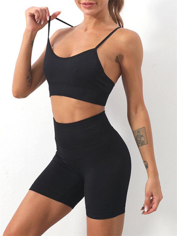 Solid Color Seamless Cami Sports Bra & Shorts Set