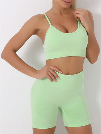 Solid Color Seamless Cami Sports Bra + Shorts Set
