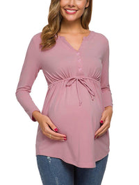 Thumbnail for Maternity Solid Color Drawstring Button Half Long Sleeve Shirt
