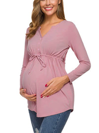 Thumbnail for Maternity Solid Color Drawstring Button Half Long Sleeve Shirt