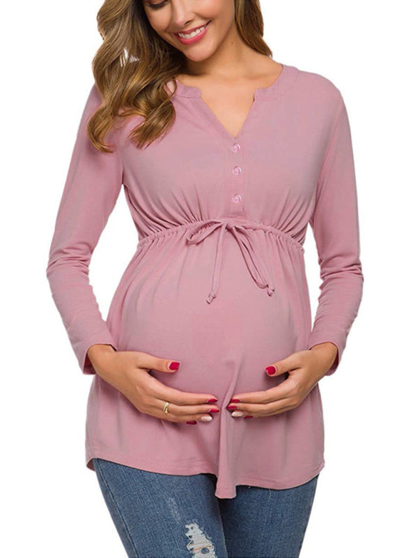 Maternity Solid Color Drawstring Button Half Long Sleeve Shirt