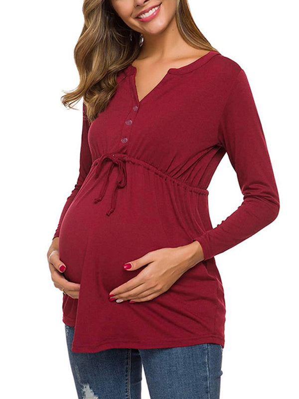 Maternity Solid Color Drawstring Button Half Long Sleeve Shirt