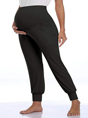 Maternity Solid Color Casual Pocket Wide Support Waist Joggers