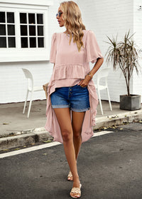 Thumbnail for High-Low Ruffle Short Sleeve Top