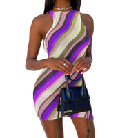 Thumbnail for Knitted Slim Sleeveless Round Neck Color Stripe Dress